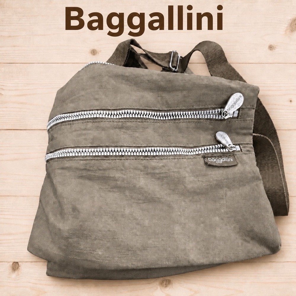 Large BAGGALLINI Brown Triple Zipper Nylon Crossbody Purse Bag Travel Vacation[A